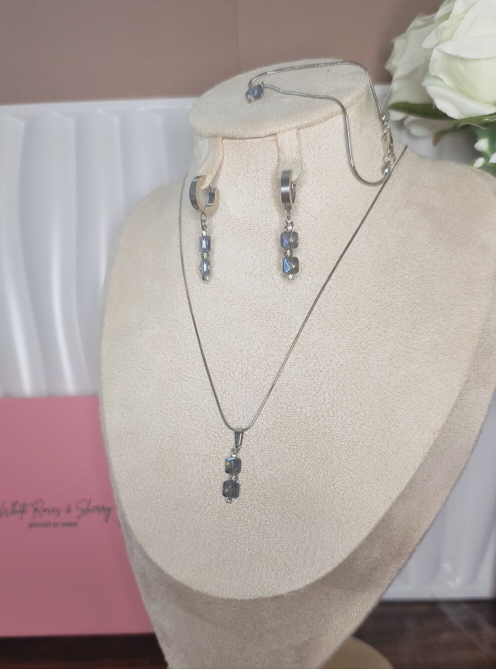 Ice Blue Faceted Glass & Rhodium Stainless Steel 3-Piece Jewelry Set